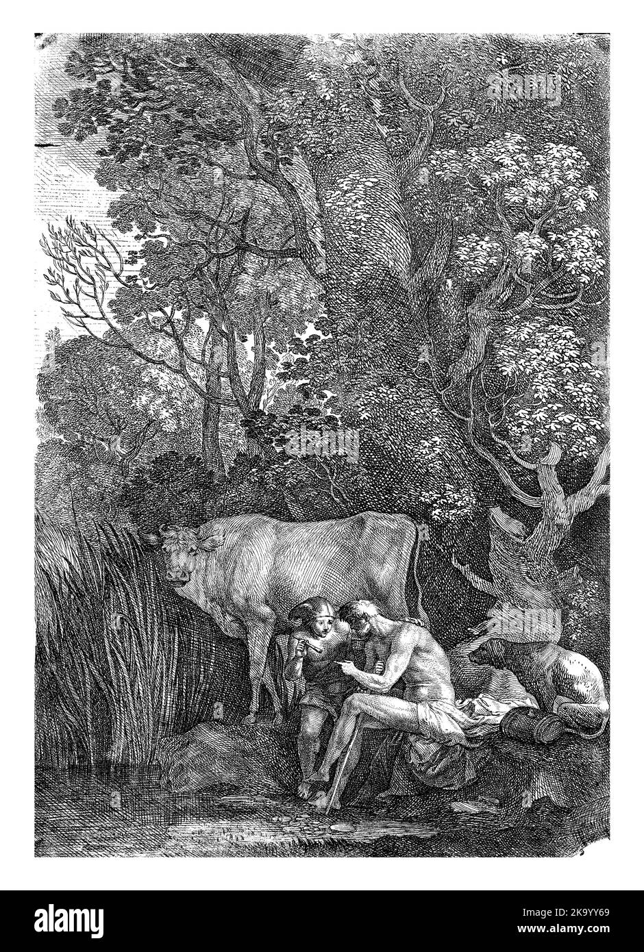 Mercury parle au géant Argus. Il tient sa flûte à la main. Derrière Mercury et Argus se trouve la vache IO. Banque D'Images