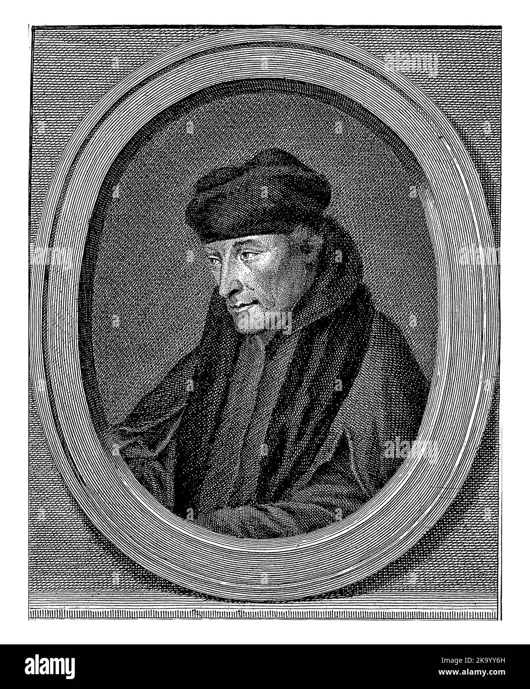 Portrait à gauche de Desiderius Erasmus dans un ovale. Le portrait repose sur une plinthe sur laquelle son nom et ses informations sont en trois lignes en néerlandais. Banque D'Images