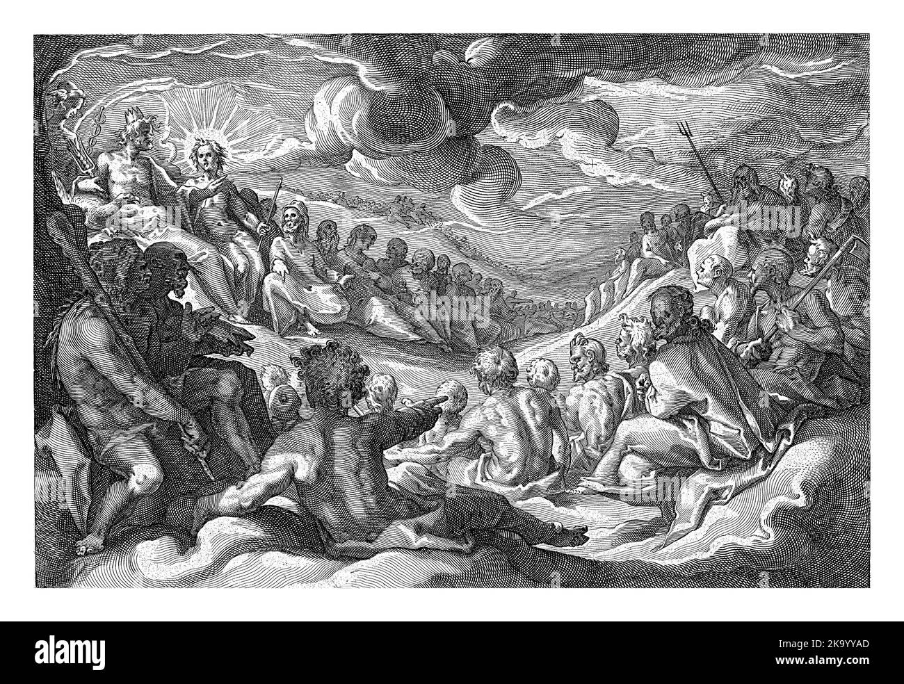 Jupiter convoque l'assemblée des dieux pour prendre des mesures contre les péchés sur terre. Les dieux se sont rassemblés à Jupiter, à l'arrière gauche. Banque D'Images