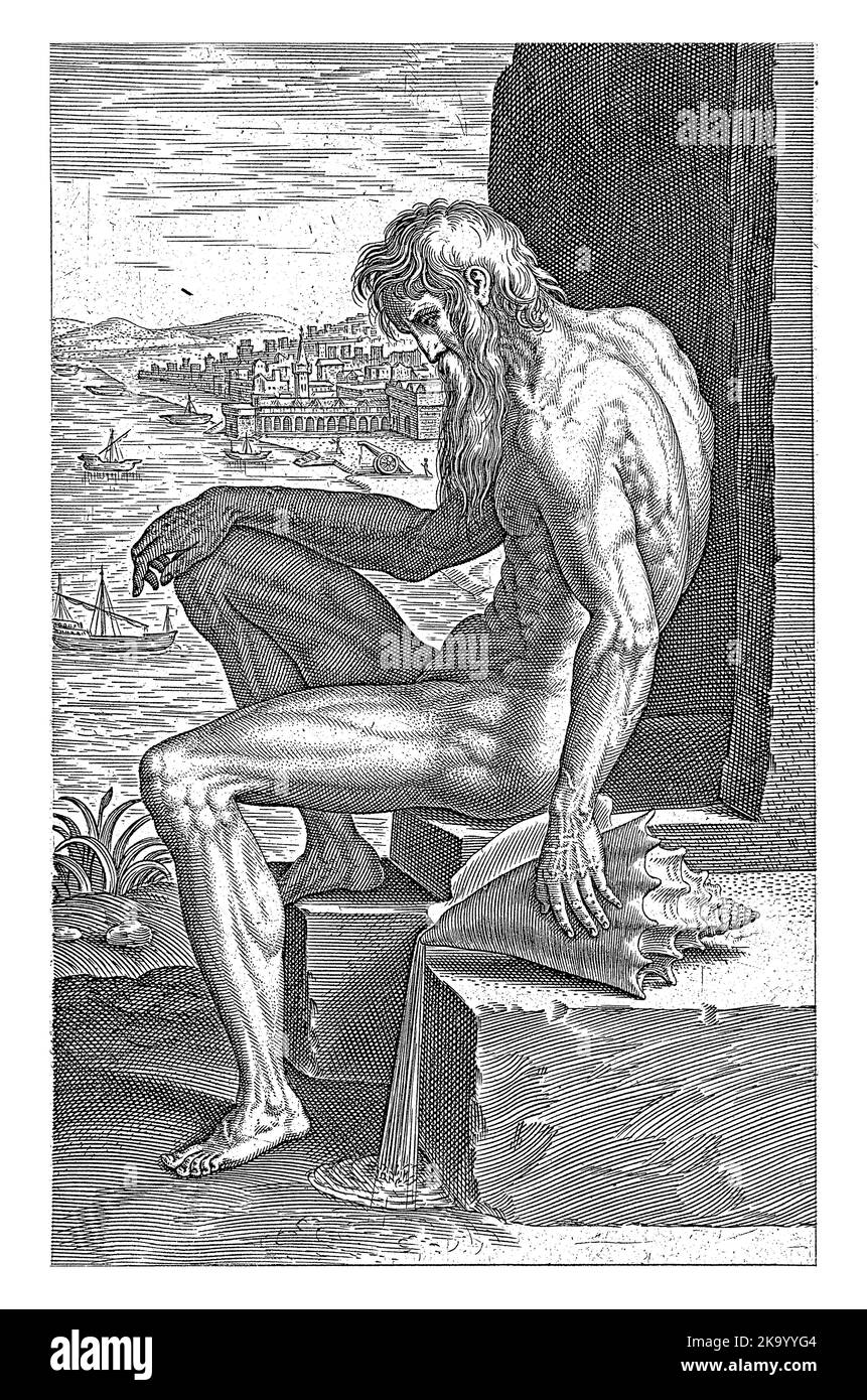 Le Dieu du fleuve Tagus, Philips Galle, 1586 le Dieu du fleuve Tagus (le Tagus), assis sur une pierre. Une coquille dans sa main. Banque D'Images