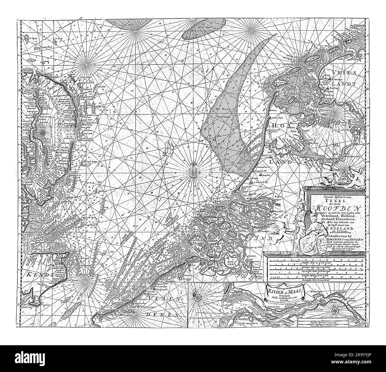 Carte passeport de la partie sud de la mer du Nord avec les côtes de la Hollande, de la Zélande, de la Flandre et d'une partie de la côte est de l'Angleterre, avec quatre comp Banque D'Images Carte passeport de la partie sud de la mer du Nord avec les côtes de la Hollande, de la Zélande, de la Flandre et d'une partie de la côte est de l'Angleterre, avec quatre comp Banque D'Images