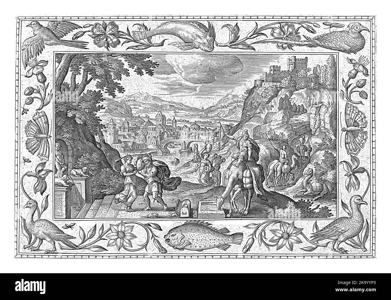 Paysage vallonné avec une rivière et une ville. Un château sur la droite sur une colline. Au premier plan Rebekah donnant de l'eau Eliezer à boire d'un pichet. A FO Banque D'Images