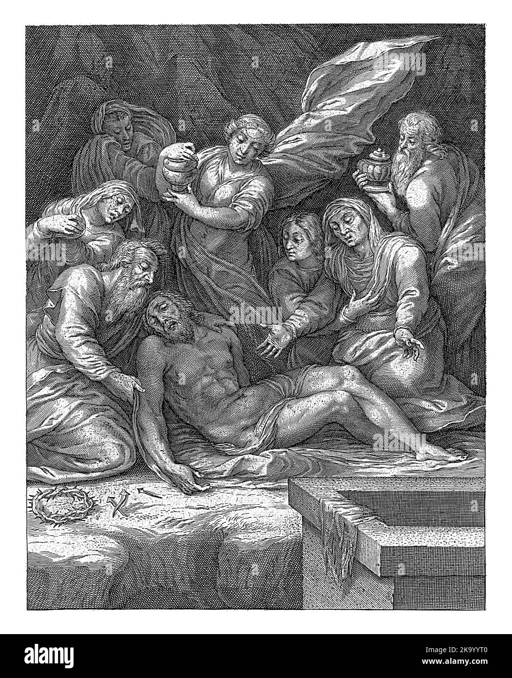 Le corps du Christ est pleuré par les hommes et les femmes. Au milieu Marie Magdalene avec son pot de pommade. Au premier plan, la couronne des épines, l'ongle Banque D'Images
