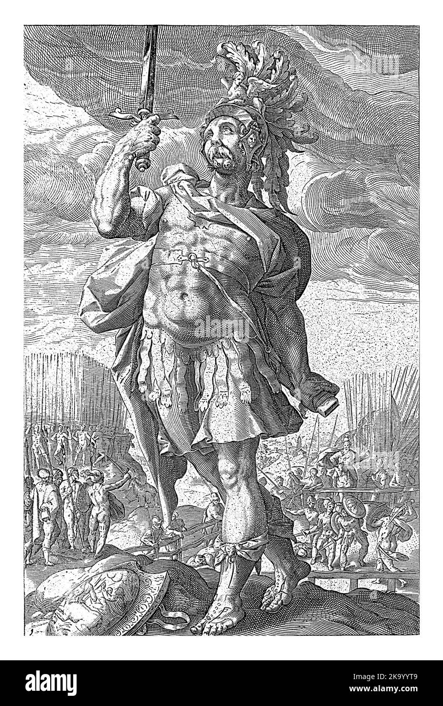 Le héros Publius Horatius pleine longueur, une épée relevée dans la main droite. En arrière-plan, il peut être vu se battre seul contre trois adversaires avec Banque D'Images