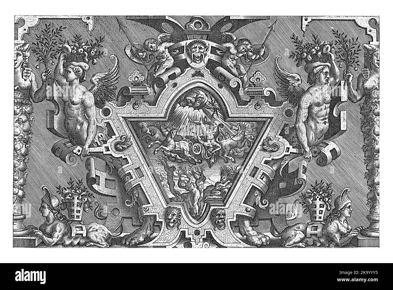 La chute du Phaethon et la métamorphose des Heliads en poplars dans un cadre de défilement. Dans le travail de défilement, une patte de lion est incluse sur les deux lef Banque D'Images La chute du Phaethon et la métamorphose des Heliads en poplars dans un cadre de défilement. Dans le travail de défilement, une patte de lion est incluse sur les deux lef Banque D'Images