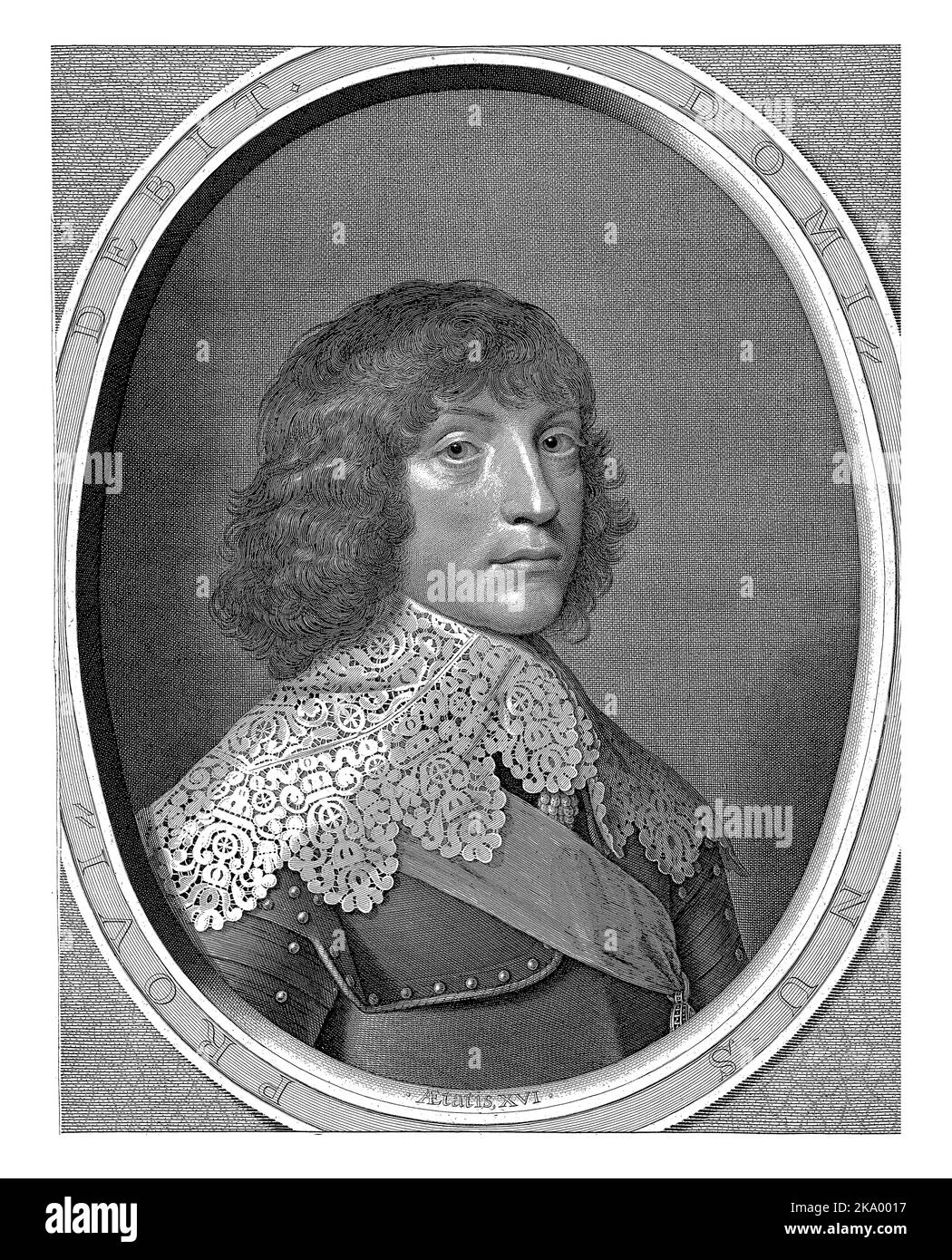 Portrait de Karel Lodewijk, électeur Palatin à l'âge de 16 ans, pièce thoracique avec col plat en dentelle, cadre ovale avec devise latine Banque D'Images