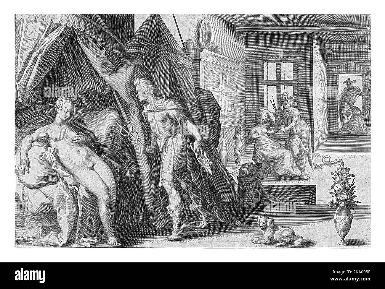 Mercury s'approche de Herse dans son lit à baldaquin. Banque D'Images