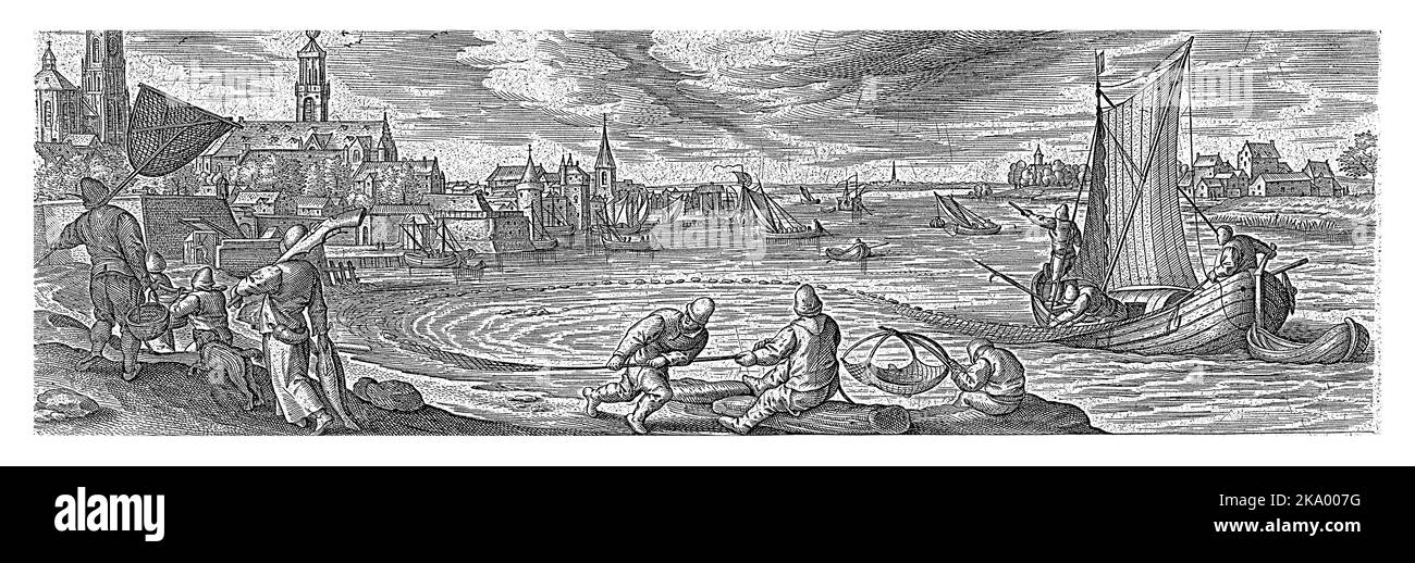 Dans une rivière, le poisson est capturé au moyen d'un filet sphérique et d'un filet de chalut. L'impression a une légende latine et fait partie d'une série de 54 tirages. Banque D'Images