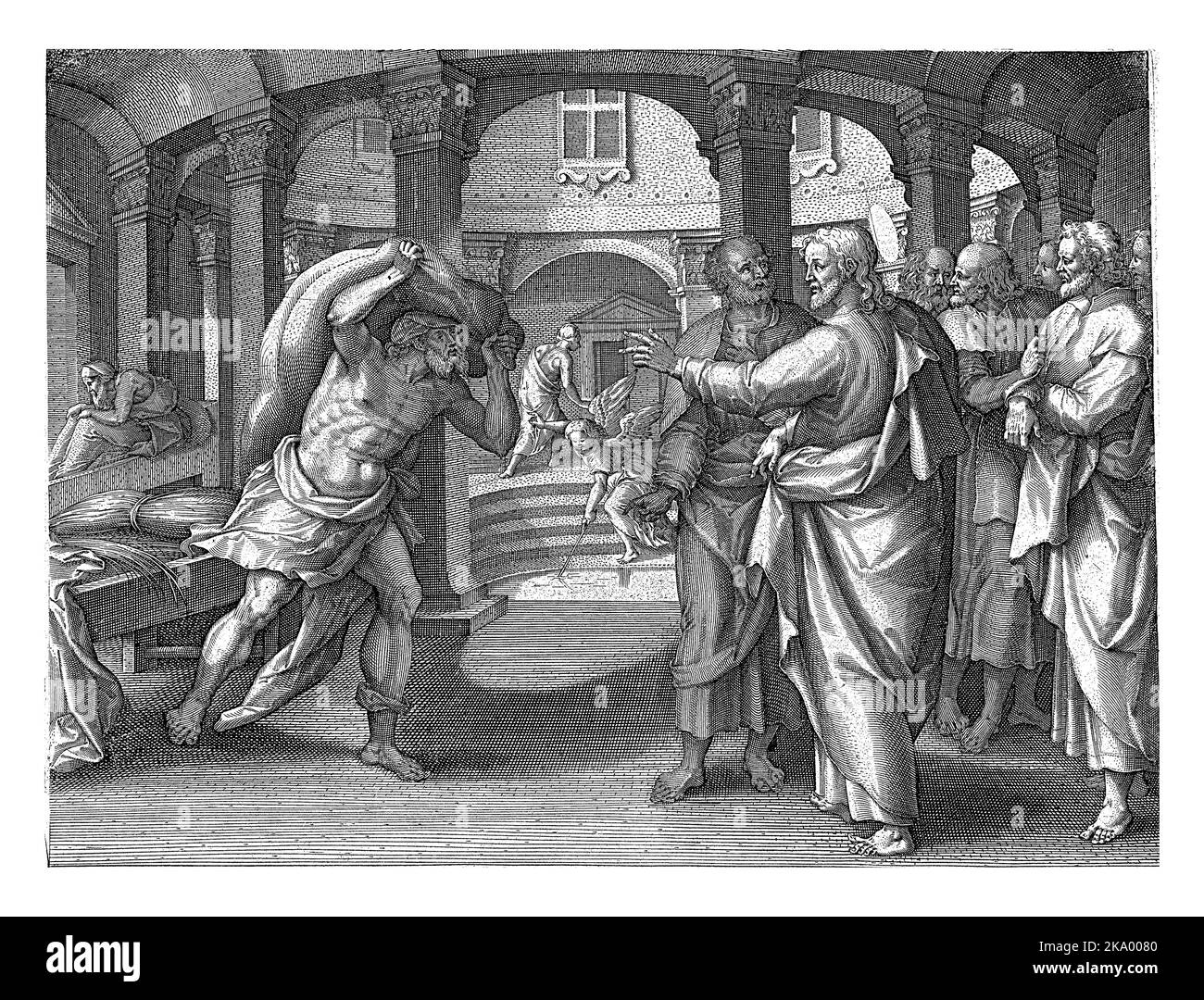 Le bain à Betesda, une station balnéaire aux propriétés médicinales. Christ commande à un homme paralysé de prendre son lit et de marcher. L'homme fait ceci et est Banque D'Images