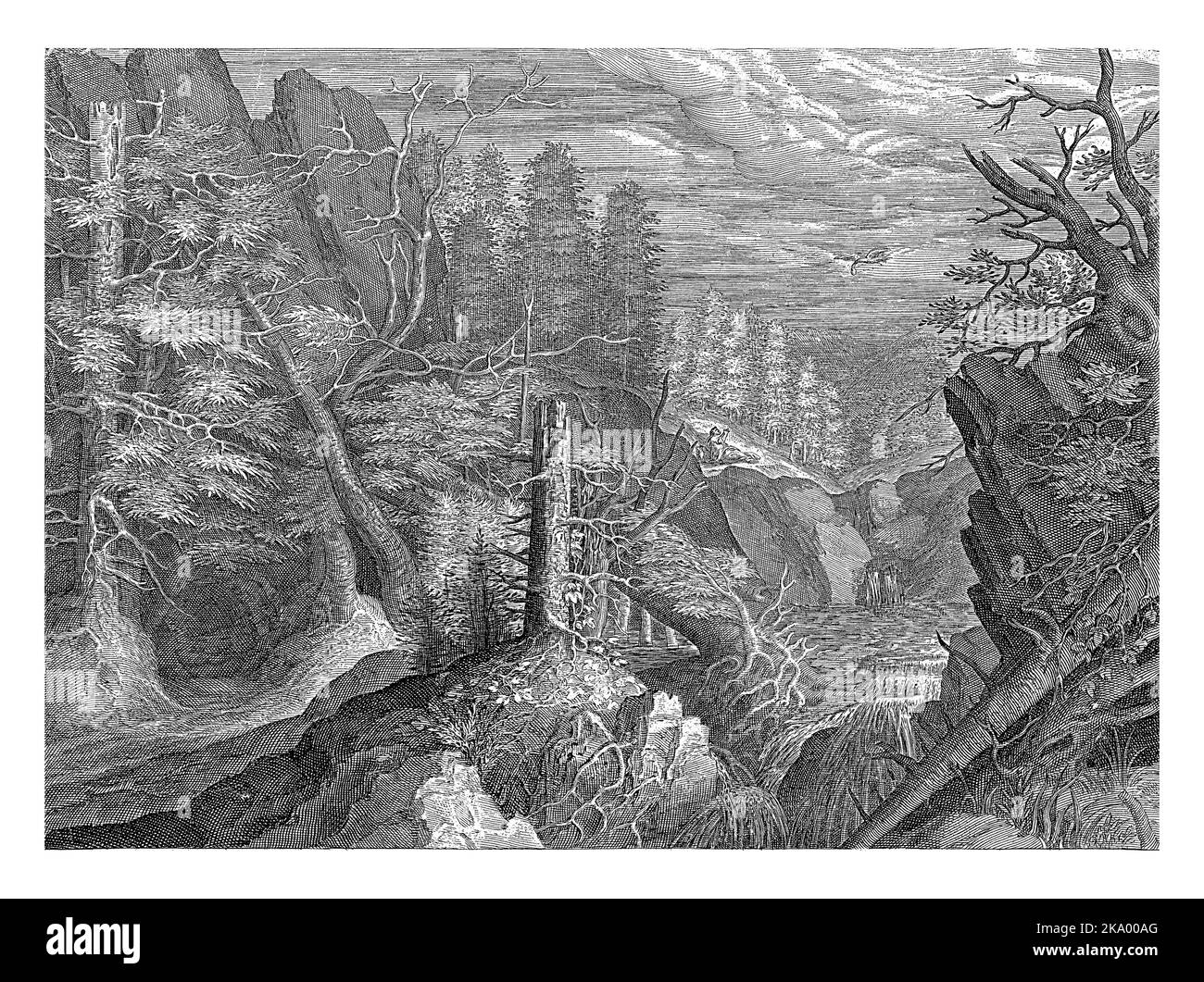 Paysage forestier avec Elie assis le long du ruisseau Kerit. Un corbeau lui apporte du pain et de la viande. Dans la marge une citation de la Bible de 1 rois. 17 en latin. Banque D'Images