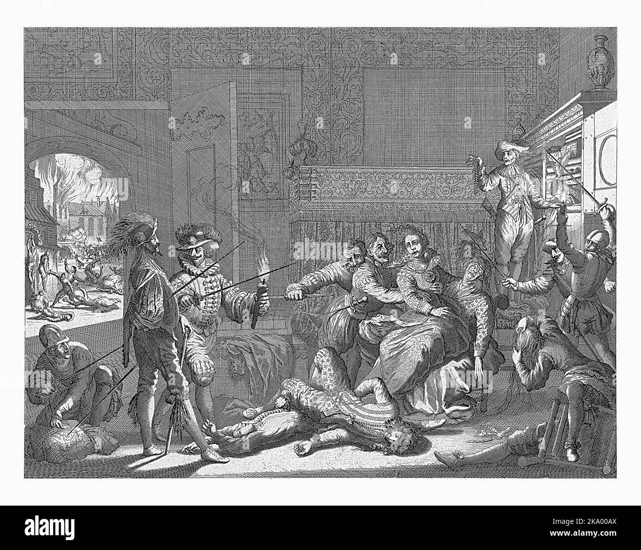 Abus d'une mariée par des soldats espagnols pendant la Fury espagnole à Anvers, 1576, Jan Luyken, 1679 - 1684 intérieur avec le mauvais traitement d'une mariée par SP Banque D'Images