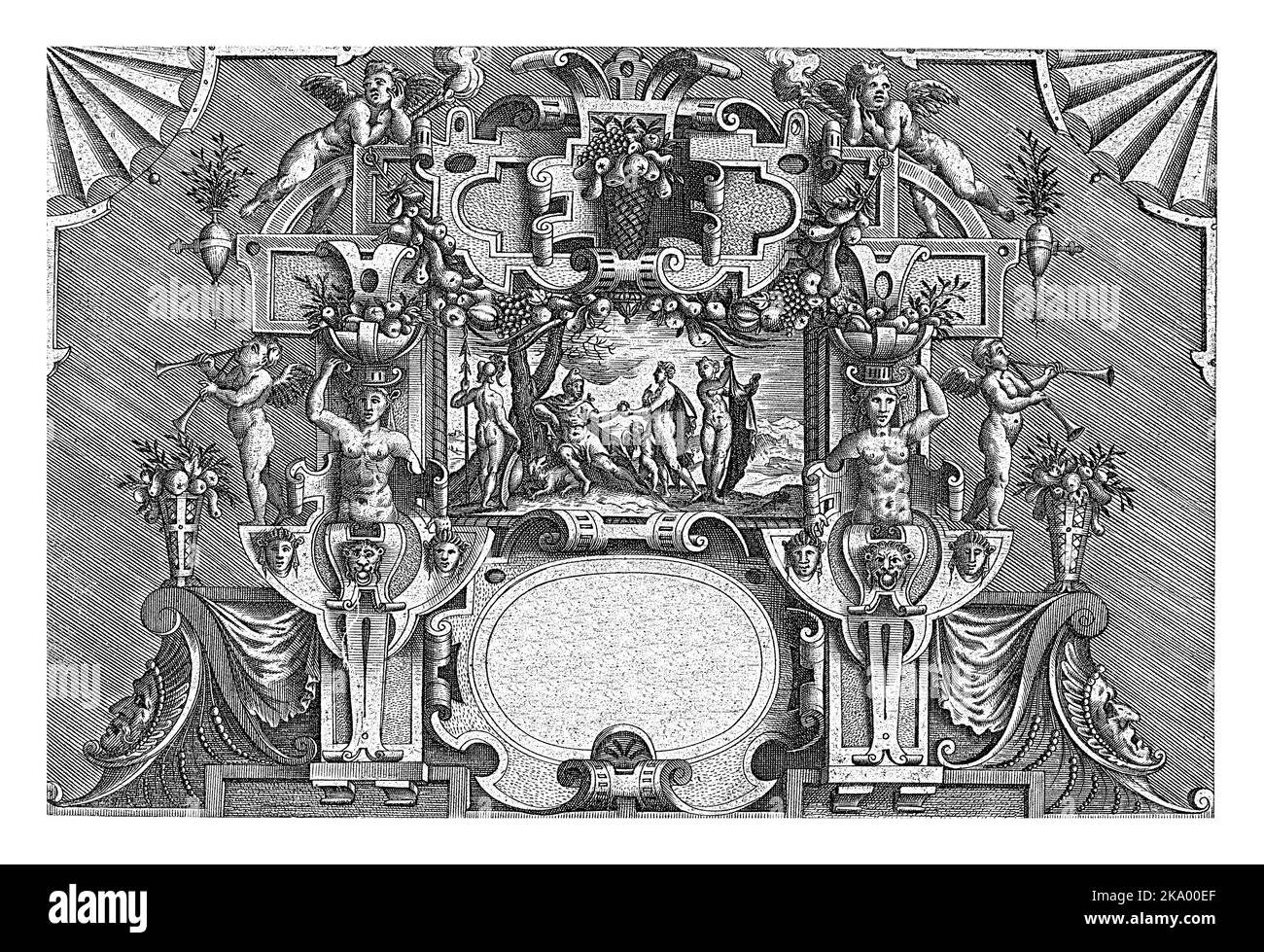 Le jugement de Paris dans un cadre de scrollwork avec des femmes hermen, mascarons, putti et guirlandes. Banque D'Images