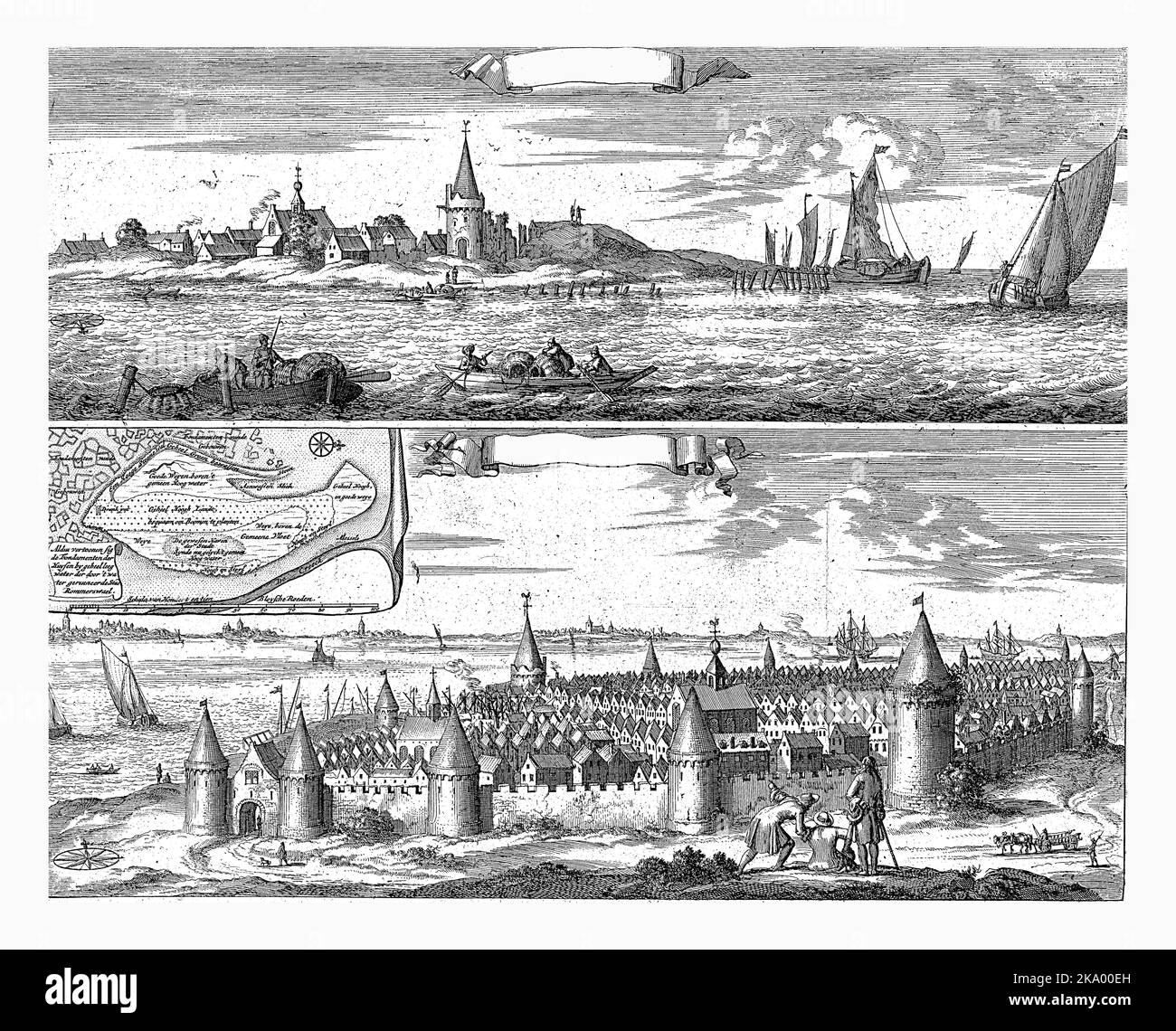 Reimerswaal dans les temps actuels et passés, 1634, Jan Luyken, 1696 feuille avec deux représentations de la place historique Zeeland Reimerswaal sur Zuid-Bevel Banque D'Images