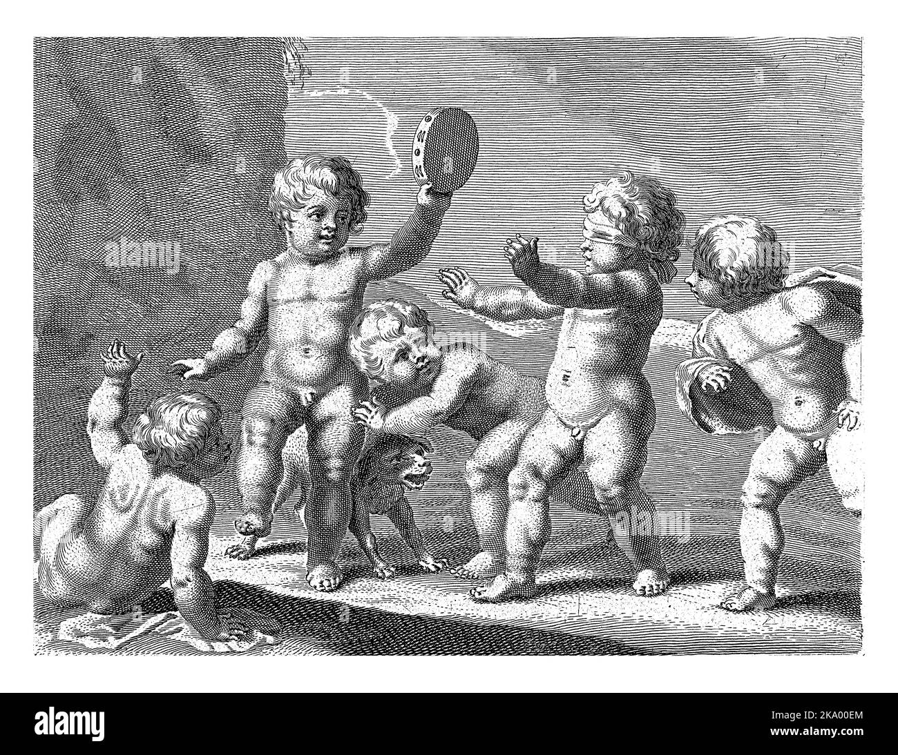 Cinq enfants jouent l'homme aveugle. L'un est bandée, les autres se tiennent autour de lui. Un garçon bat le tambourin. Banque D'Images