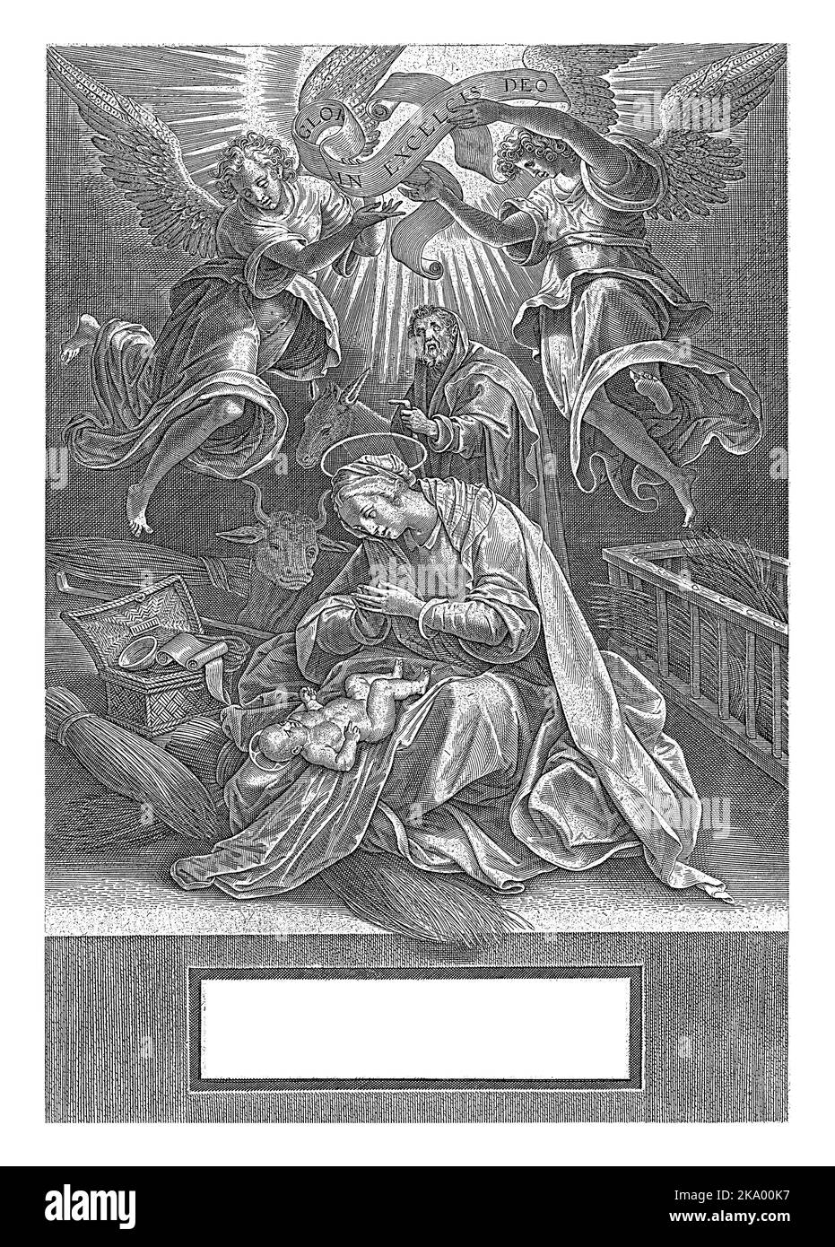 Naissance du Christ., Philips Galle, après Jan van der Straet, 1547 - 1612 Marie avec l'enfant Christ sur ses genoux. Au-dessus de son flotteur deux anges, tenant une ba Banque D'Images