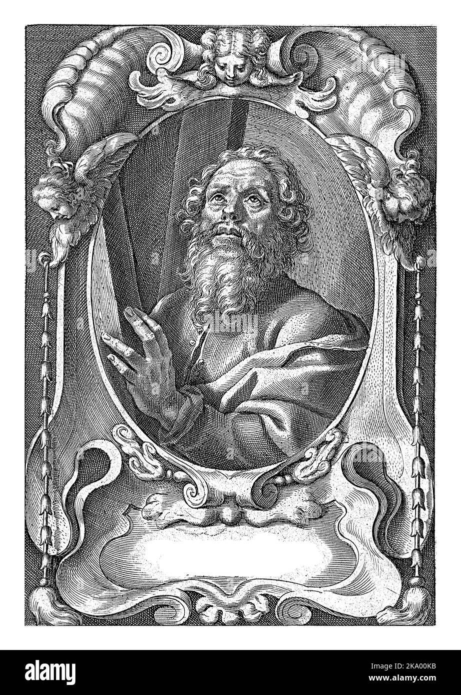 L'apôtre Andreas au cadre croisé avec ornements architecturaux, Jan-Baptist Barbé, d'après Theodporte van Loon, 1588 - 1648 Banque D'Images
