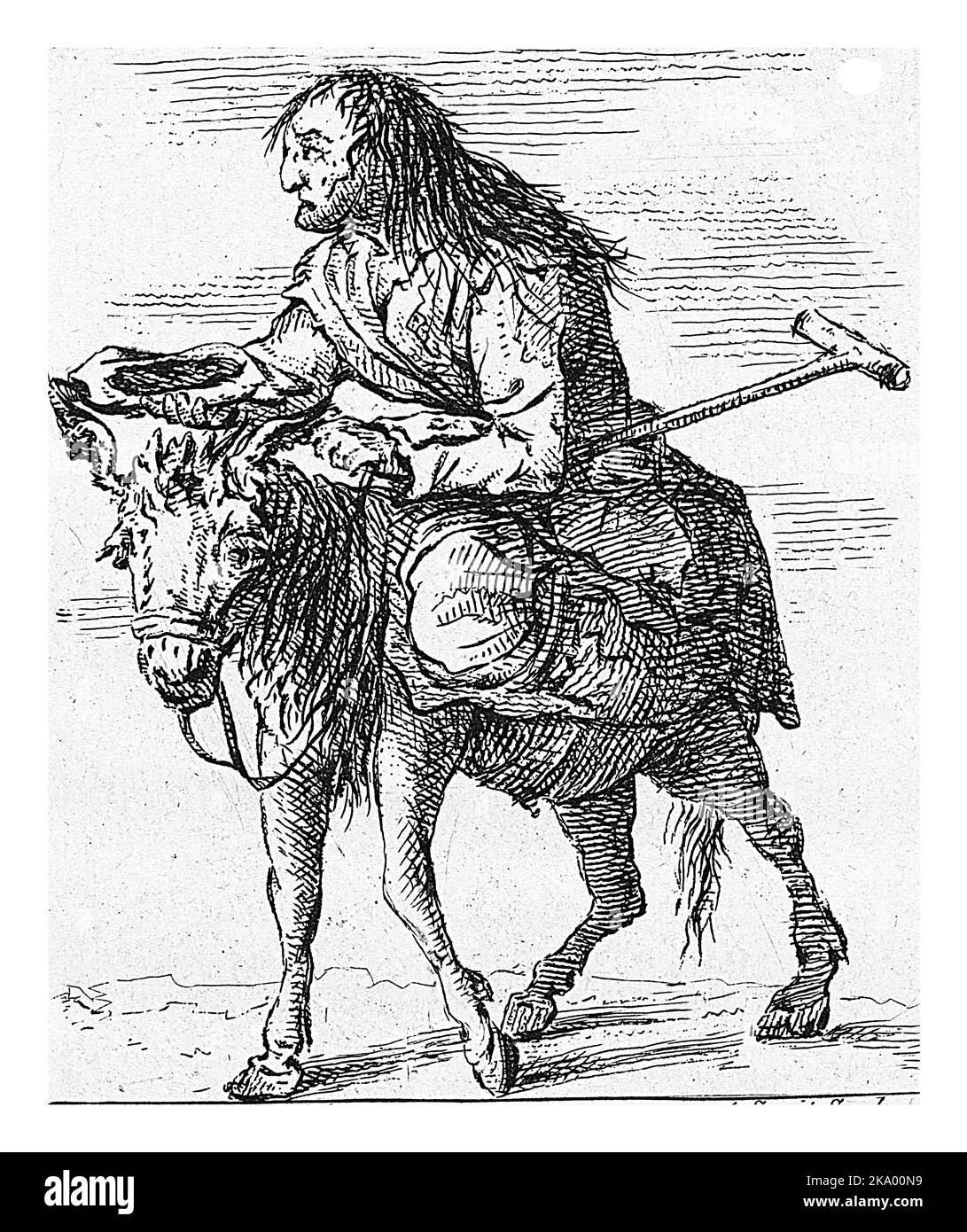 Un vieil homme avec une béquille s'assoit sur un âne et tient son chapeau dans un geste de mendicité. En dessous de l'impression quatre lignes de poésie en néerlandais. Banque D'Images
