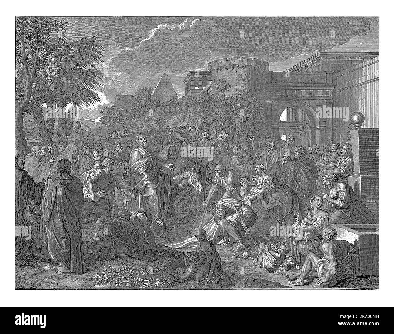 Entrée du Christ à Jérusalem, François van Bleyswijck, après le Brun, après Bernard Picart, 1728 le Christ est reçu à l'extérieur de la porte de la ville de Jerusal Banque D'Images