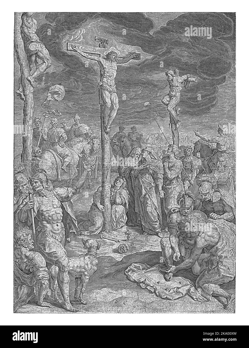 Christ sur la croix entre les deux criminels crucifiés. Autour de la croix de nombreuses figures différentes Banque D'Images