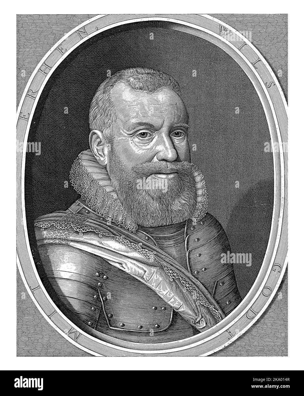 Portrait de Willem Lodewijk dans un ovale avec inscription sur les bords. Dans la marge inférieure, trois lignes de texte latin. Banque D'Images