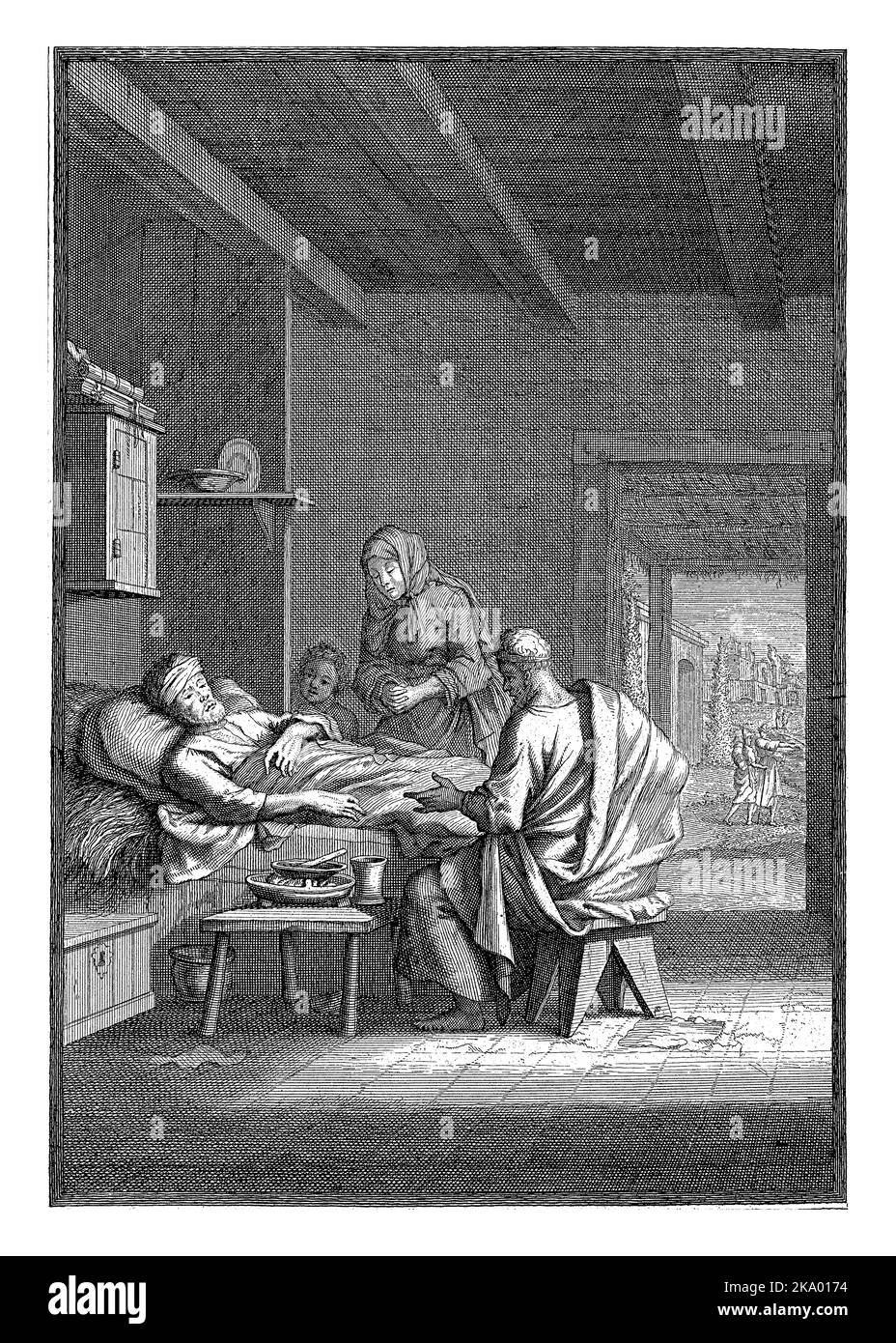 Un malade est couché dans le lit. Une femme et son fils prient à son chevet. Un homme assis à côté du lit fournit à la personne malade de la nourriture et des boissons. Banque D'Images