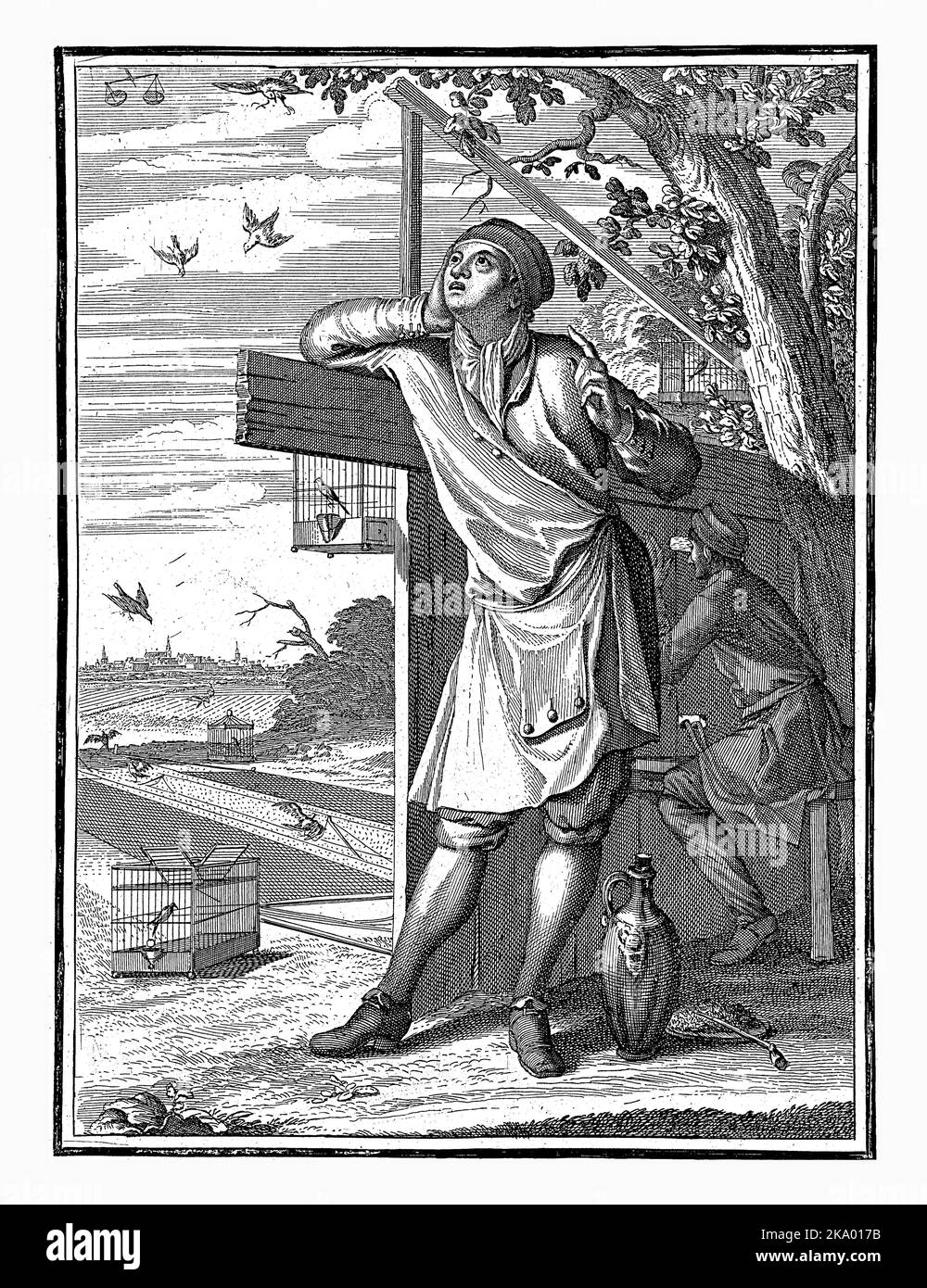Septembre, Caspar Luyken, 1698 - 1702 le mois de septembre. Au premier plan un jeune qui regarde les oiseaux dans le ciel de derrière une clôture. Derrière h Banque D'Images