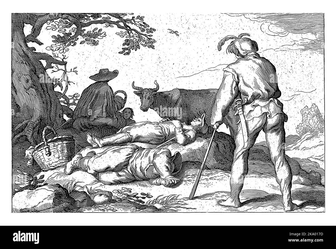 Cinq bergers s'assoient ou se trouvent sous un arbre dans un cadre rural. À côté d'eux se trouve un taureau. Imprimez quatre d'une série de quatre scènes pastorales. Banque D'Images