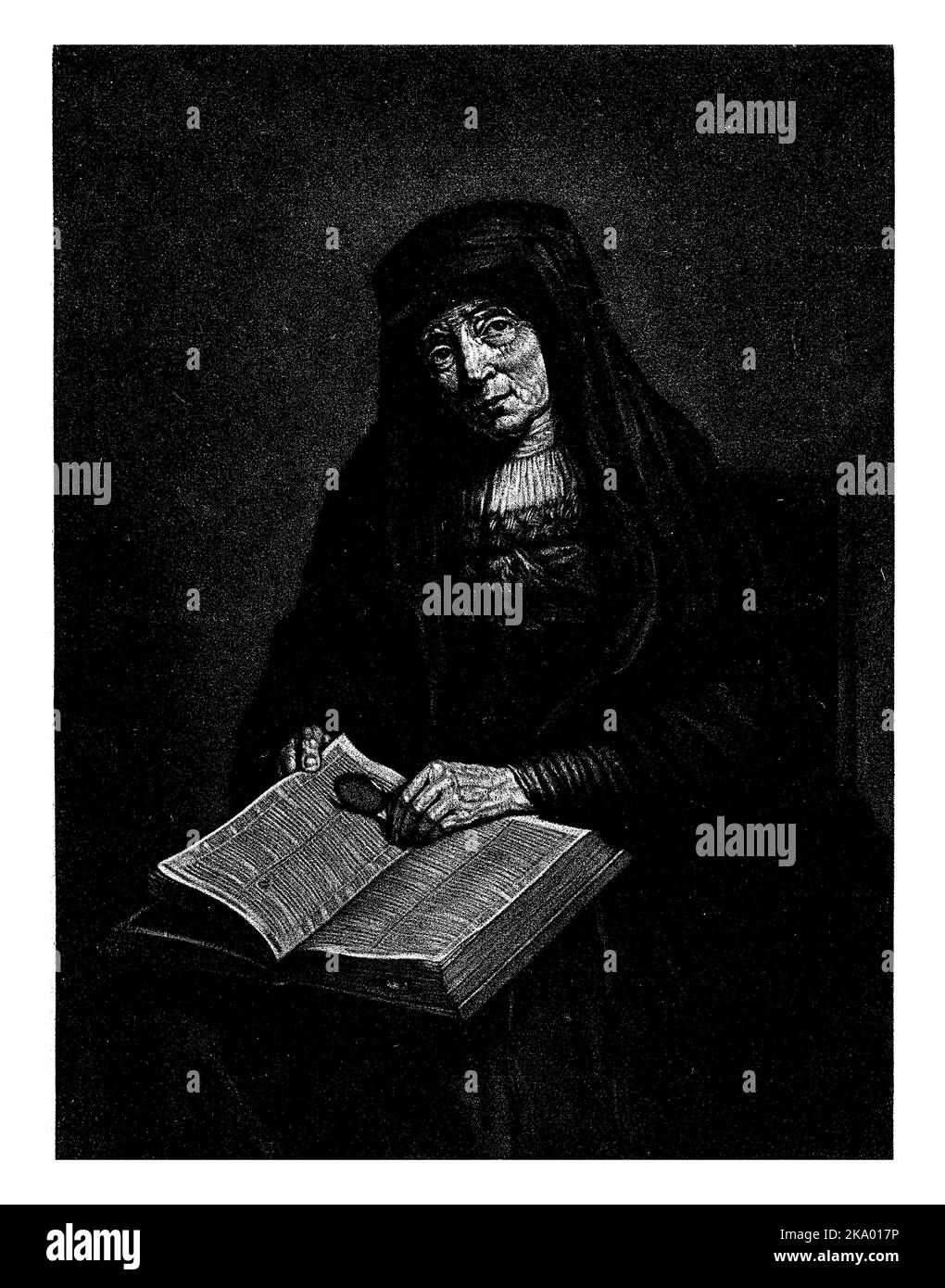 Portrait d'une vieille femme lisant, Pieter Louw, après Rembrandt van Rijn, 1743 - 1800 Banque D'Images