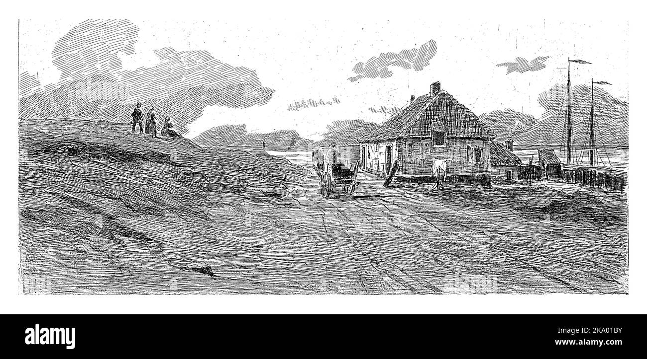 Les dunes sur la gauche, une maison sur la droite, la mer en arrière-plan. Une voiturette tirée par des chevaux se déplace sur la route. Banque D'Images