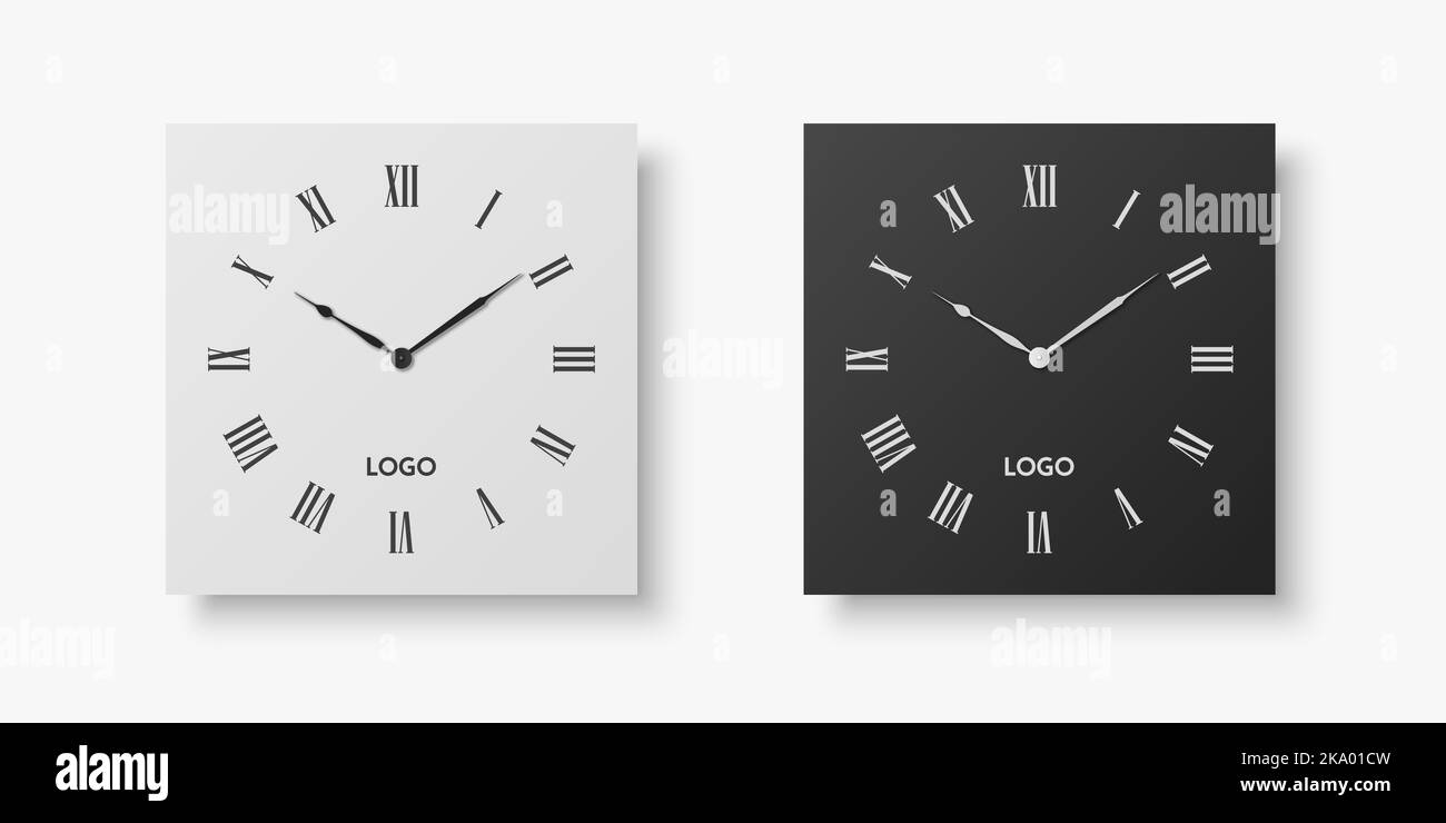 Vector 3D Realistic White, Black Square Wall Office Clock Set, modèle de conception isolé sur blanc. Composer avec des chiffres romains. Maquette de l'horloge murale pour Illustration de Vecteur