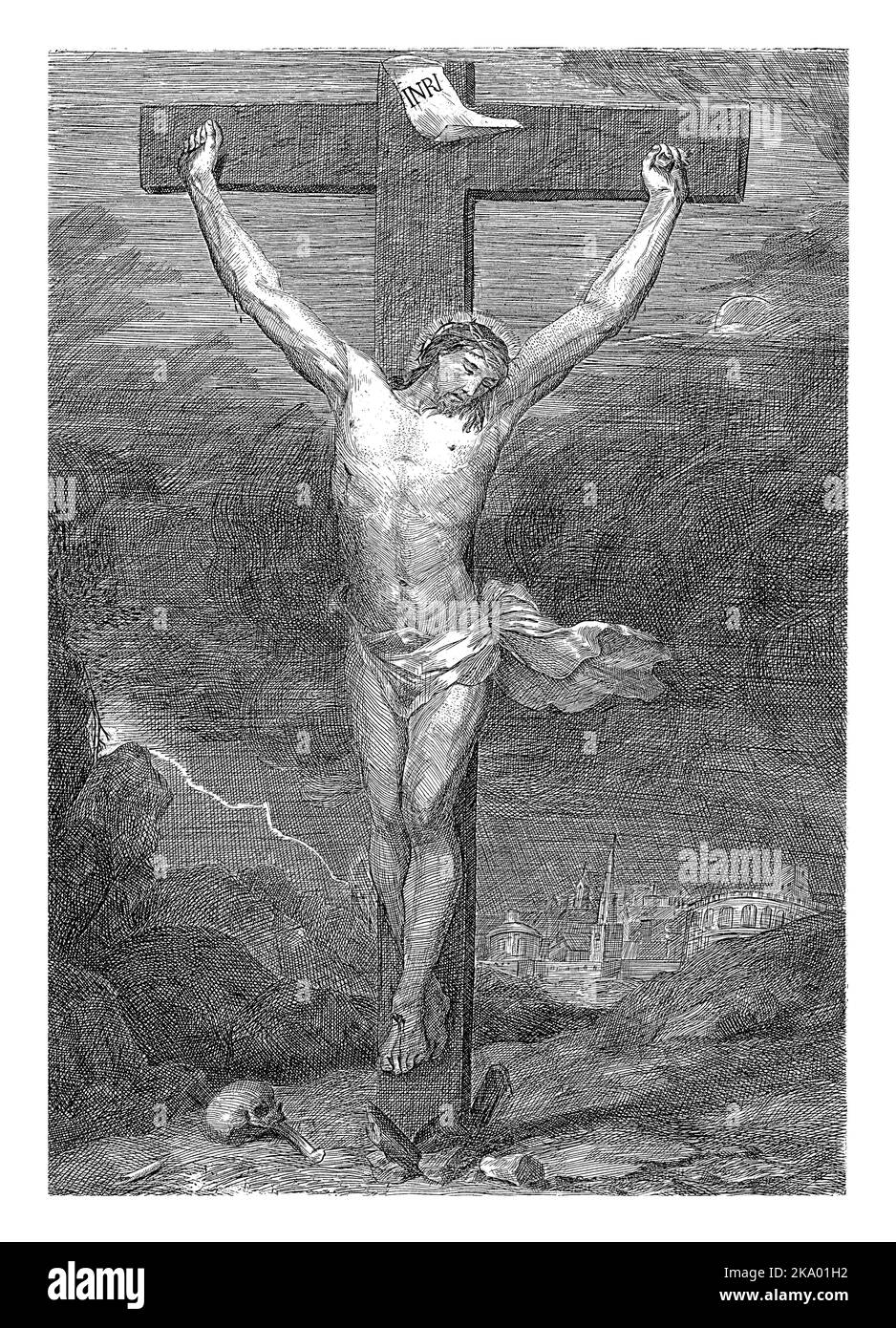 Christ accroché à la croix. Dans la distance sur la droite est la ville de Jérusalem. Banque D'Images