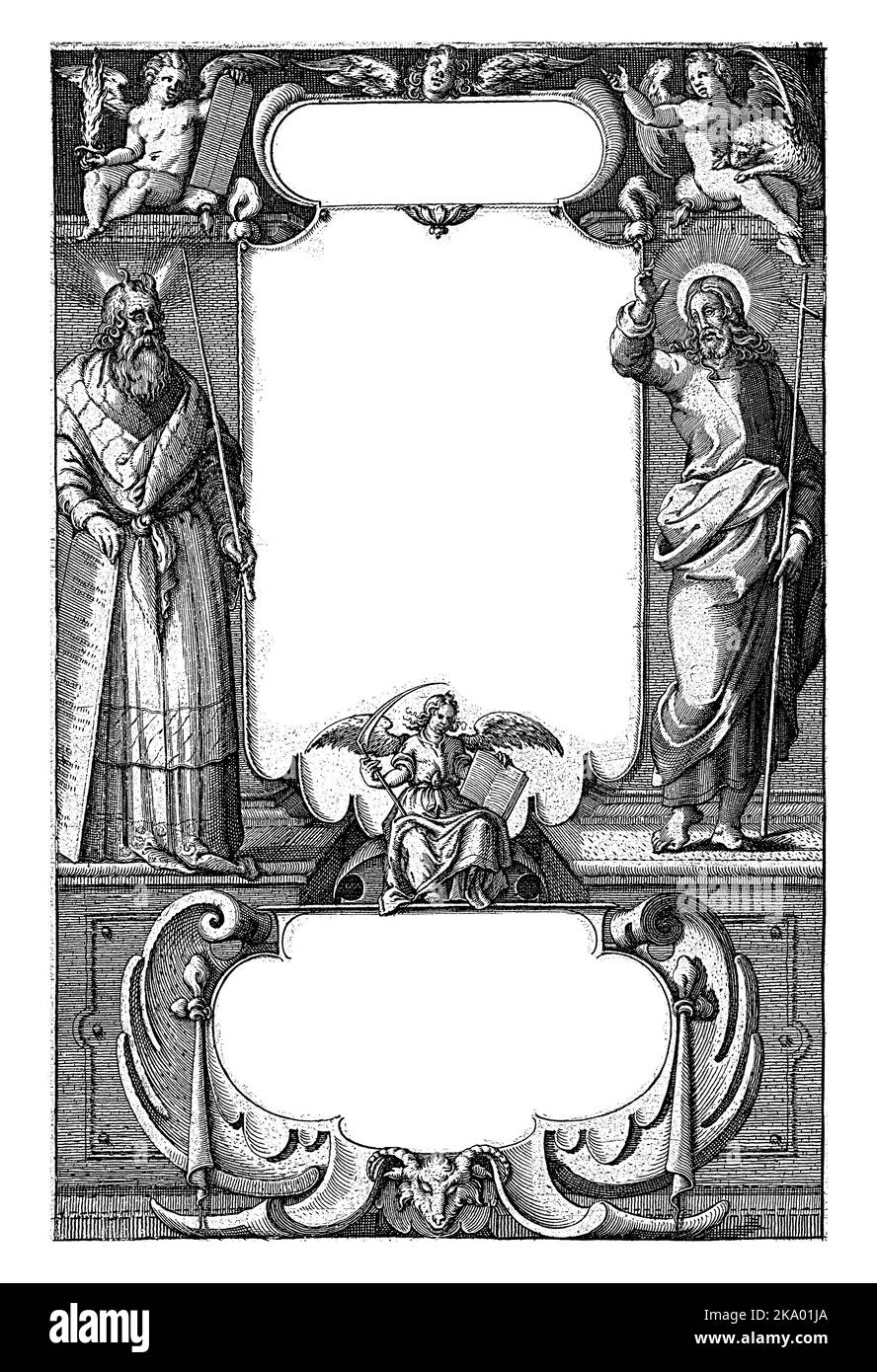 Moïse et Christ bordent le vélin sur lequel le titre de l'œuvre est écrit. Au-dessus de Moïse est un puto avec les tablettes de la loi et une épée flamboyante, un Banque D'Images