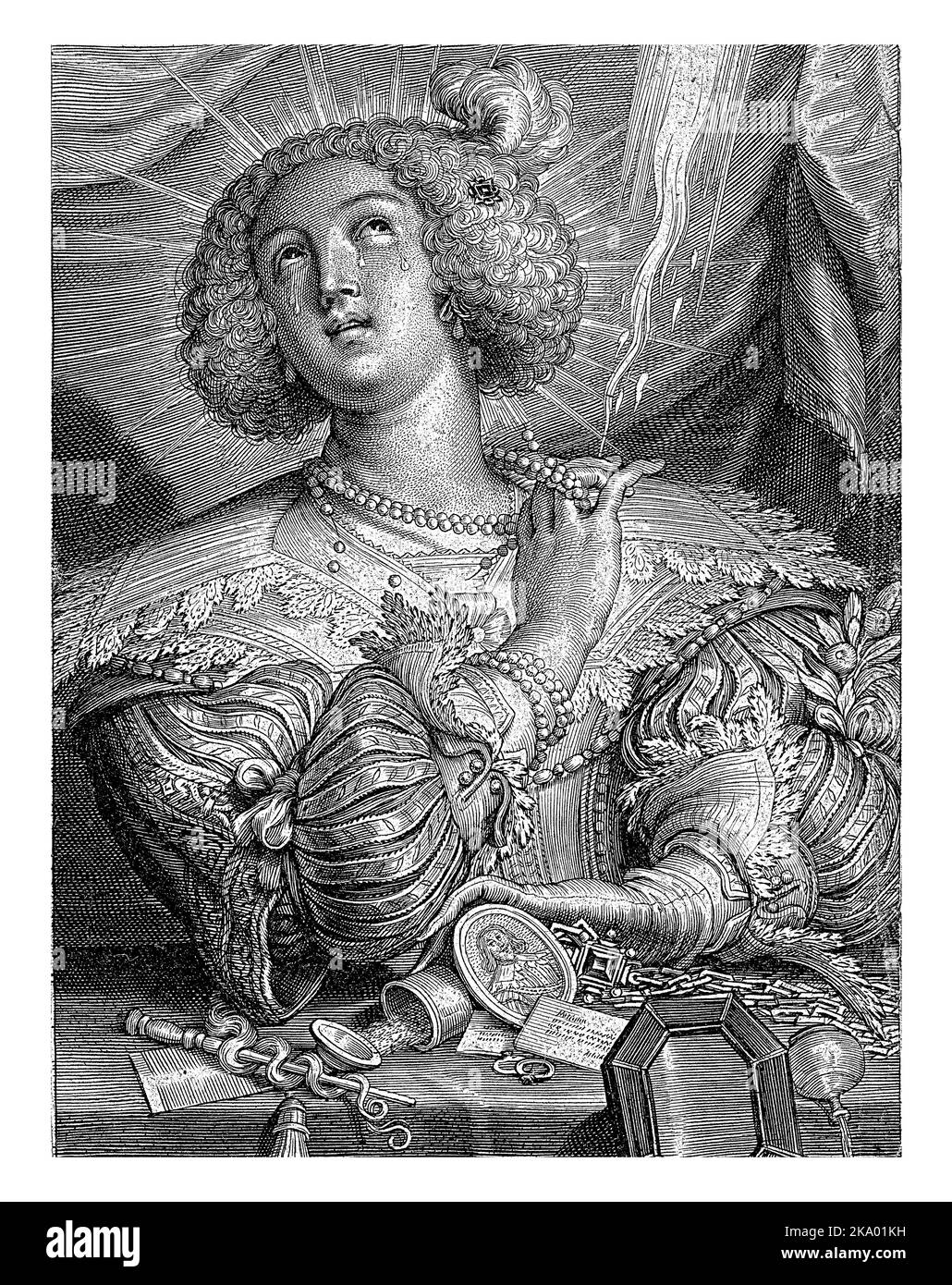 Mary Magdalene est une femme richement habillée à une table pleine d'objets luxueux tels que bijoux, bouteille de parfum, miroir. Avec visage plein de larmes et ga Banque D'Images