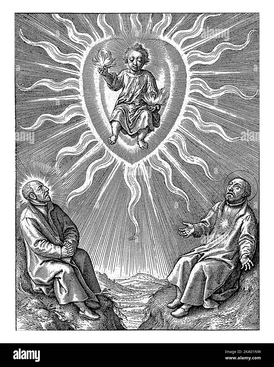 L'enfant du Christ est assis dans un coeur flamboyant, dans ses mains aussi des flammes. Il regarde les Jésuites Ignatius Loyola et Francis Xavier. Banque D'Images