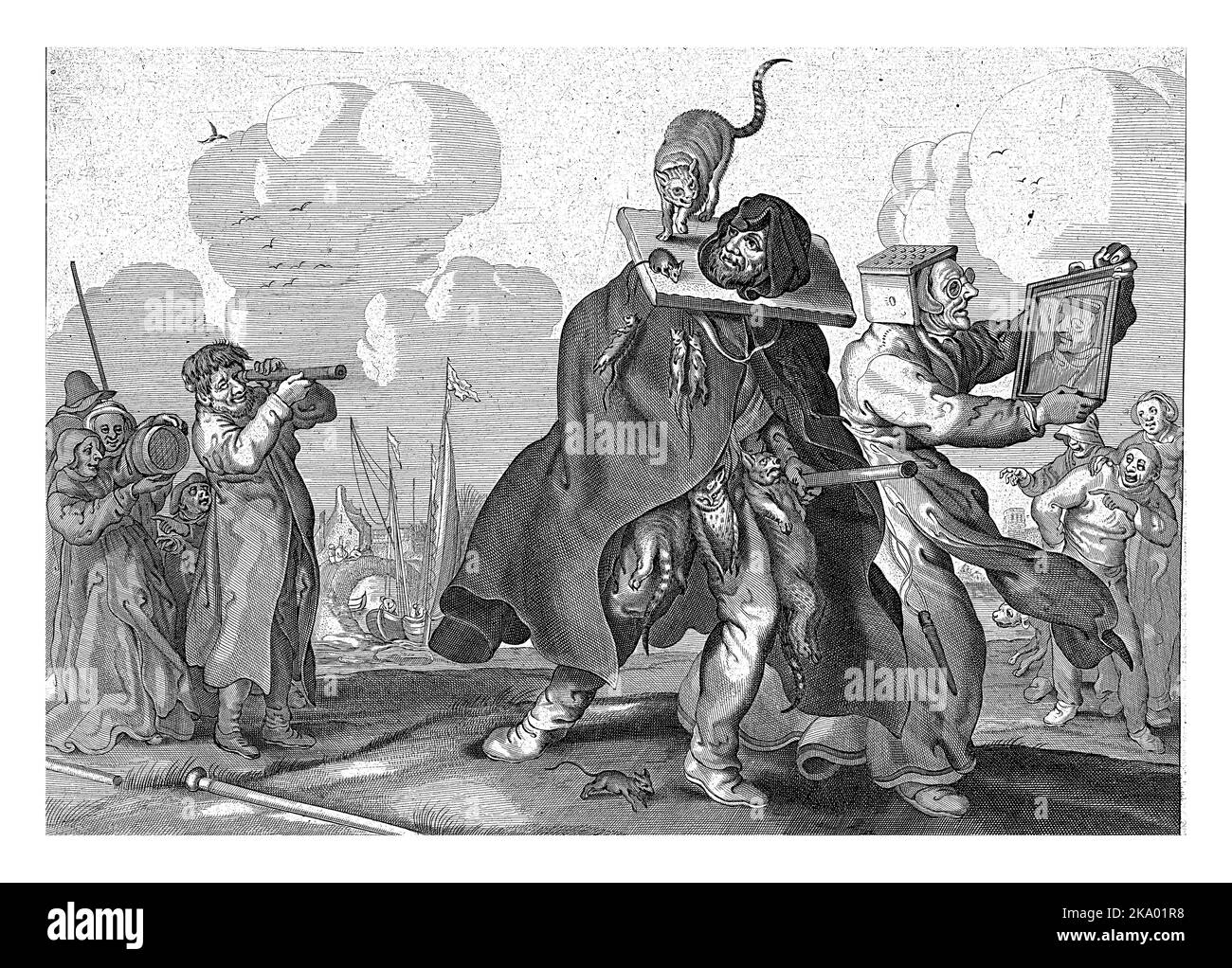 L'imagination de l'adage vous hante (regardez vous-même). Un homme, couvert de chats morts, de rats et de hiboux, marche à côté d'une femme avec un poêle sur sa tête, Banque D'Images