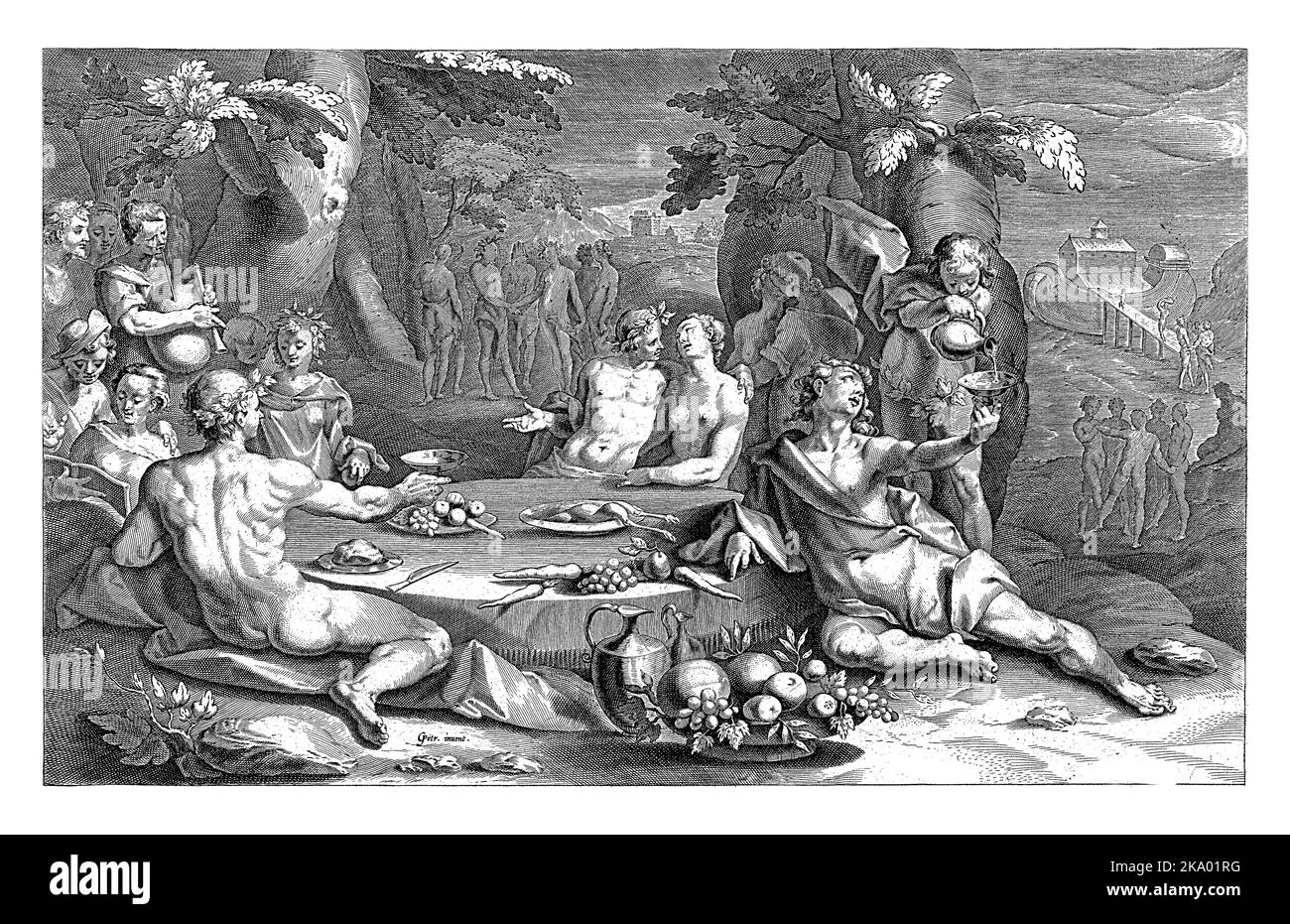 La vie pécheresse aux jours de Noé, Cornelis Galle (I), après Gerrit Pietersz. Sweelink, ch. 1612 - c. 1676 jeunes profitent d'un banquet en plein air. Demi-na Banque D'Images