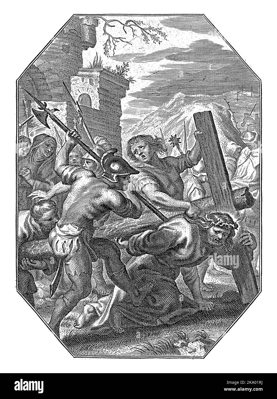 Porter la Croix, Cornelis Galle (I), 1586 - 1650 Christ s'évanouit sur son chemin vers Golgotha sous le poids de la croix et tombe à genoux. Un soldi Banque D'Images