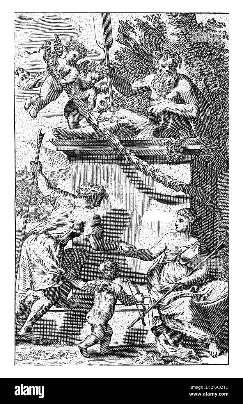 Un berger et une bergerie se joignent à la main dans un paysage arcadien devant un monument en pierre avec un dieu de rivière. Banque D'Images