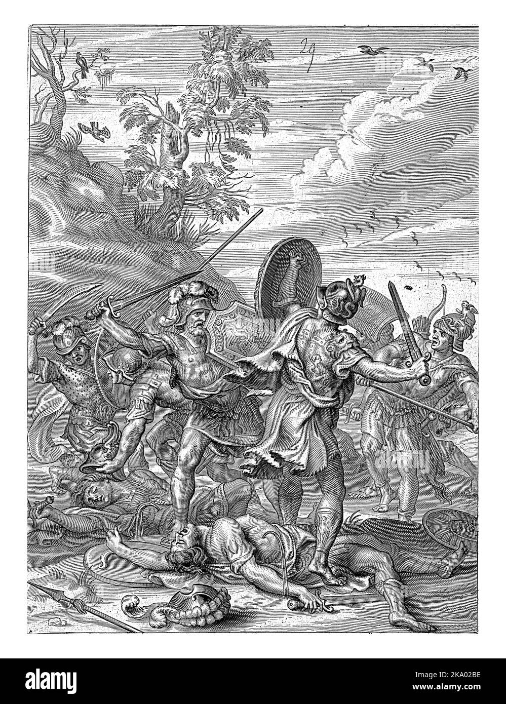 Odysseus et ses hommes sont engagés dans une bataille féroce. Plusieurs oiseaux volent au-dessus d'eux. Il y a plusieurs cadavres sur le sol. Banque D'Images