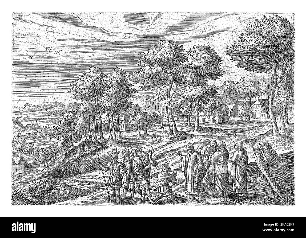 Le centurion de Capharnaüm est à genoux devant le Christ et il demande la guérison de son serviteur. Autour d'eux cinq disciples et cinq soldats Banque D'Images