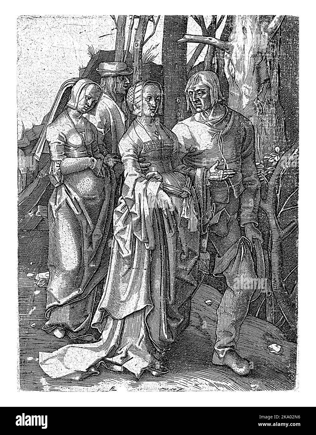 Deux couples de marche dans la forêt, habillés selon la mode de 1505-1515. Banque D'Images