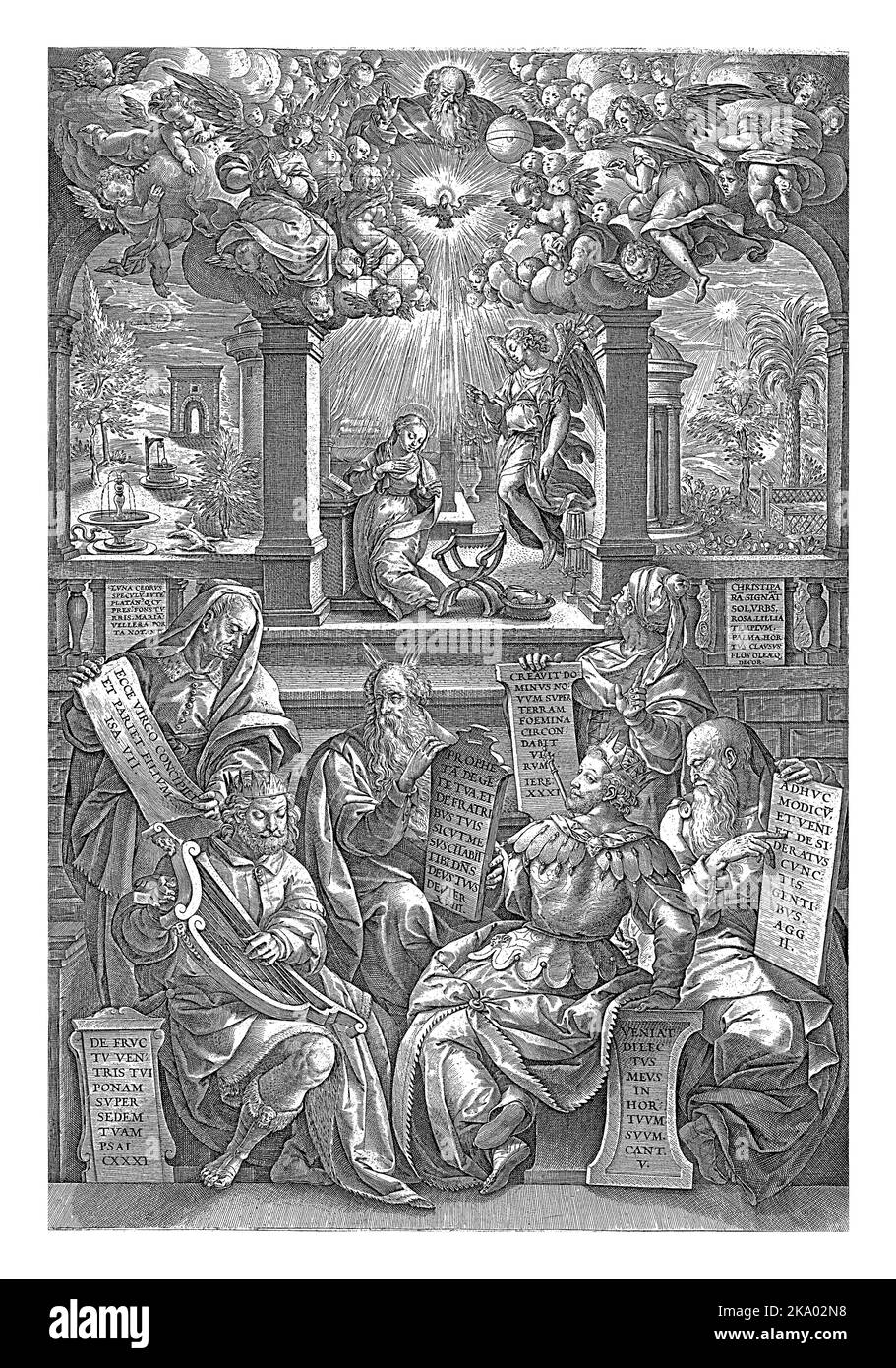 Les six prophètes qui ont annoncé la venue de Christ, assis par un escalier menant à une pièce dans laquelle l'ange Gabriel annonce la naissance de Christ Banque D'Images