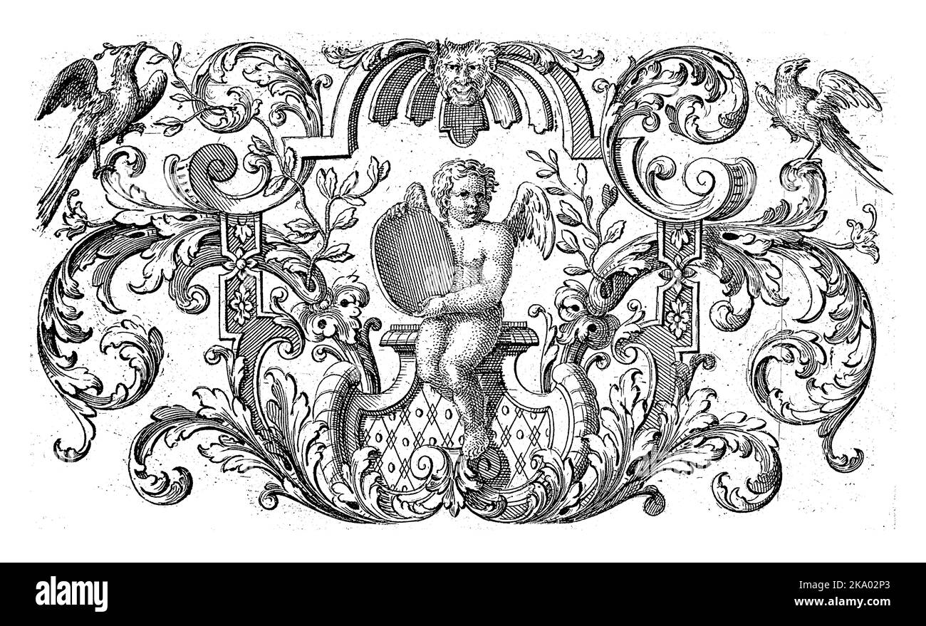 Putto avec une plaque ronde dans les mains au milieu des vignes foliaires Banque D'Images