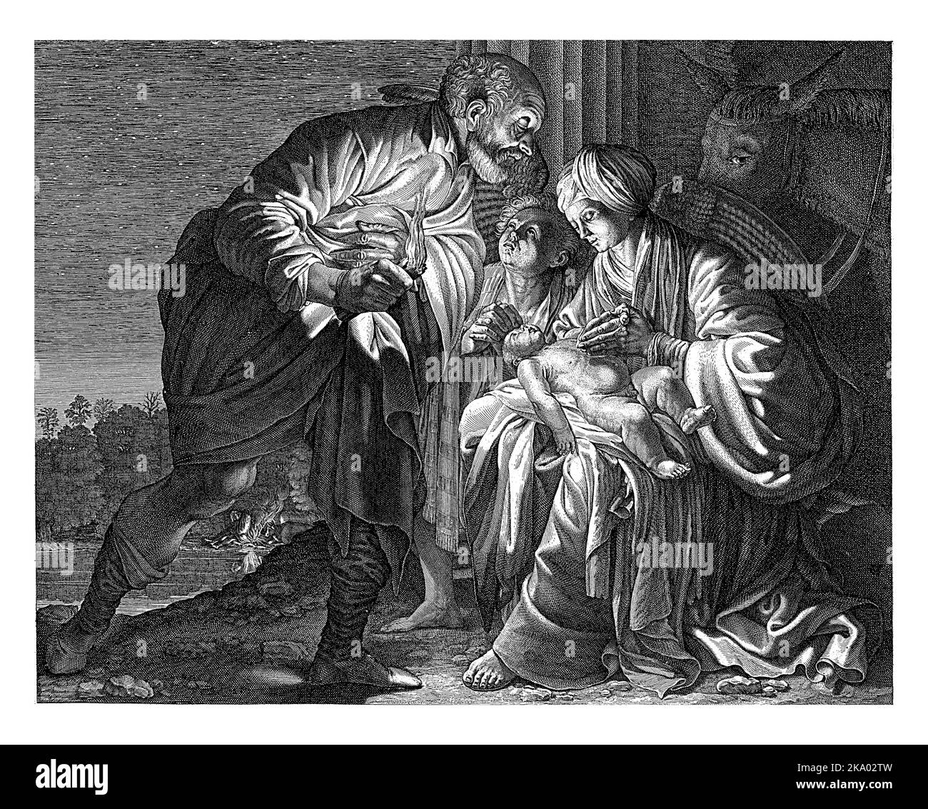 Joseph se plie au-dessus de Marie et de l'enfant du Christ, torche en main. Derrière eux, un ange à genoux regarde Joseph. Banque D'Images