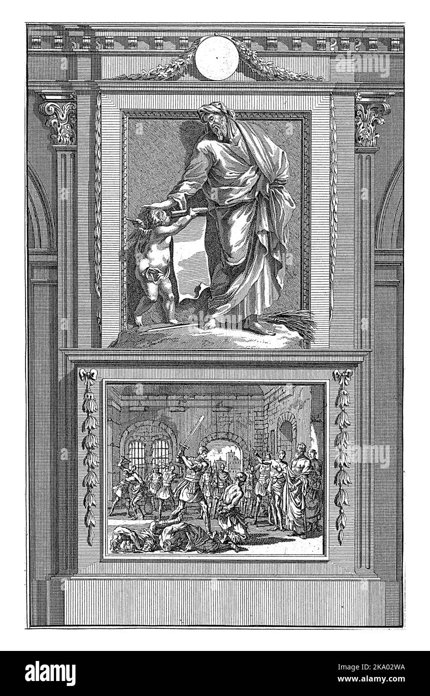 H. Justinus le philosophe, apologiste, Jan Luyken, après Jan Goeree, 1698 le Saint apologiste Justinus le philosophe est livré un scroll par un ange. Banque D'Images