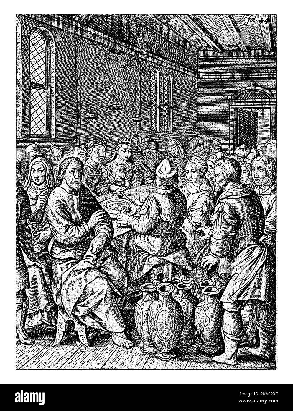 Mariage à Cana, Hieronymus Wierix, 1563 - avant 1619 le couple de la mariée et les invités s'assoient autour d'une table. Christ bénit les fûts de vin après Mary poi Banque D'Images