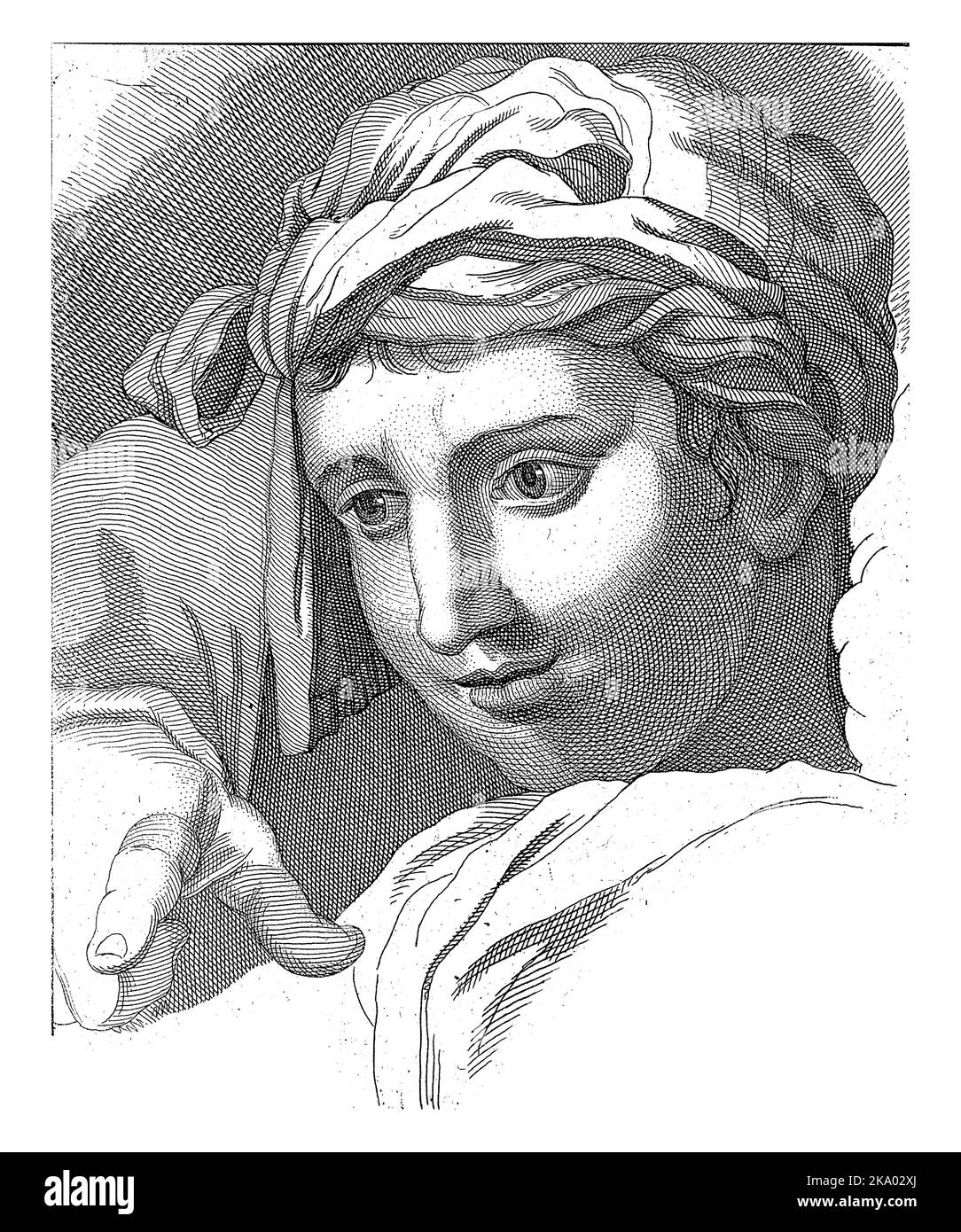 Étude de la tête d'une femme(?) avec un foulard et un bras relevé, trois quarts à gauche. Banque D'Images