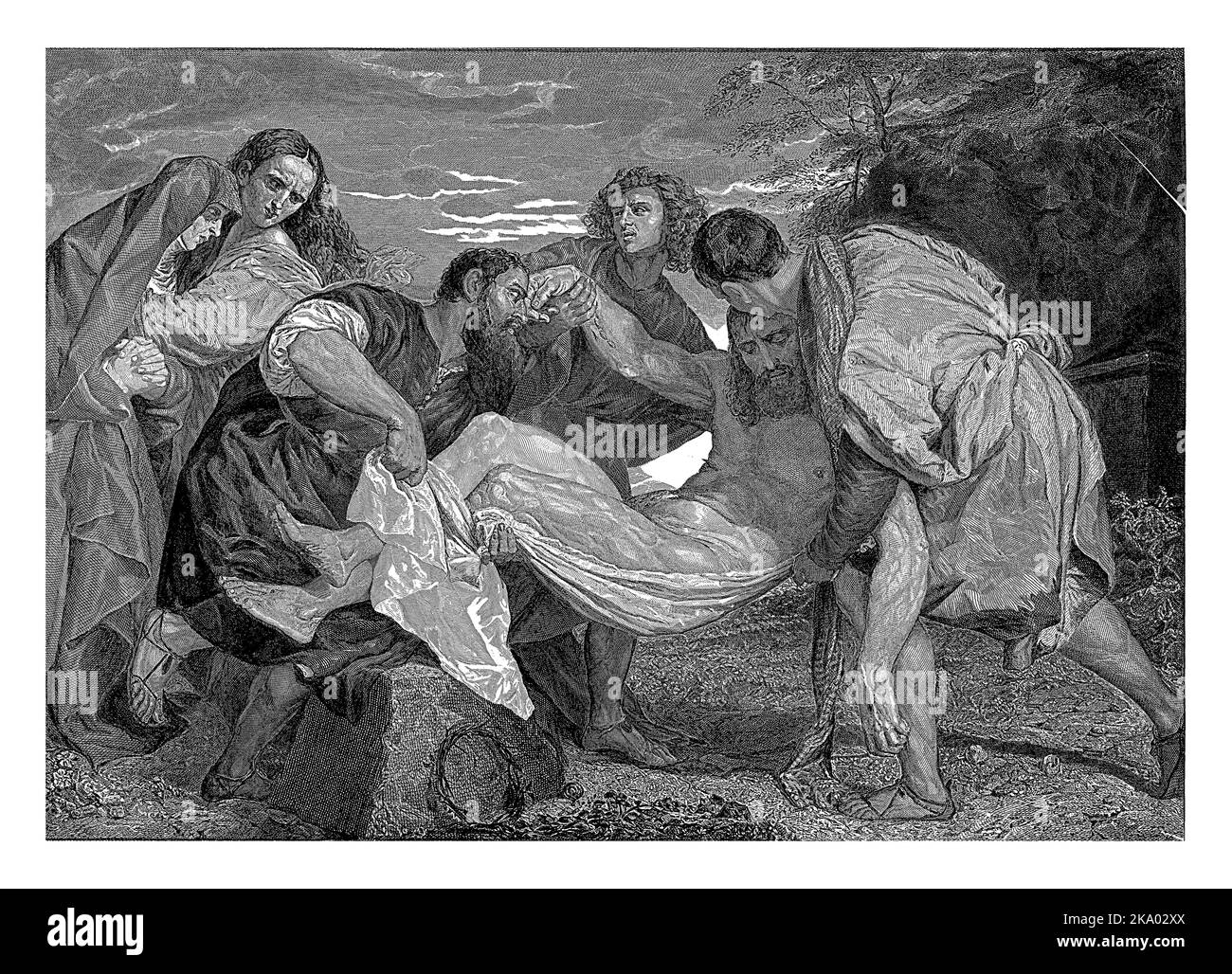L'Entombment du Christ. Le corps du Christ est porté au tombeau par Joseph d'Aritmathea, Nicodème et un troisième disciple. John soutient la Marie. Banque D'Images