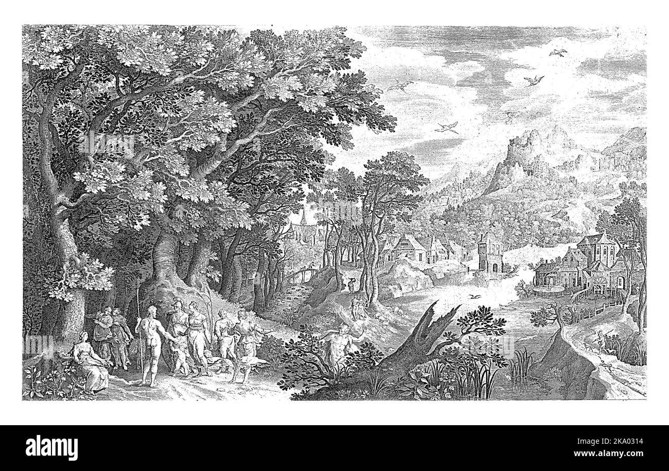 Arrêt de Paris, Nicolaes de Bruyn, d'après Gilles van Coninxloo (II), 1670 - 1711 Un paysage avec l'arrêt de Paris au premier plan sur la lef Banque D'Images