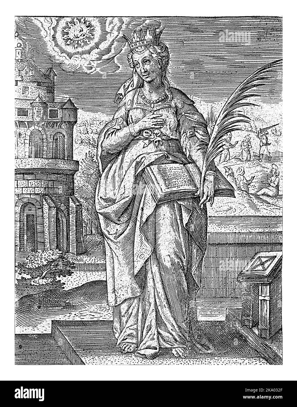 H. Barbara, Johannes Wierix, 1559 - avant 1620 Saint Barbara, entre ses mains, elle détient un livre ouvert et une branche de palmier. Sur la gauche dans l'arrière-plan th Banque D'Images